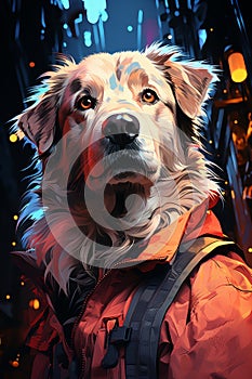 Neon Dreams: Cyberpunk Great Pyrenees Contemplation