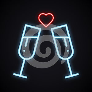 Neon drink in two glasses. Bright toast sign. Cocktails, binge, champagne, wine, theme. Light glowing alcohol symbol.