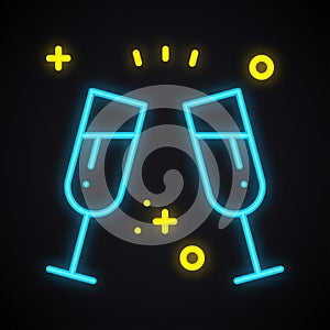 Neon drink in two glasses. Bright toast sign. Cocktails, binge, champagne, wine, theme. Light glowing alcohol symbol.