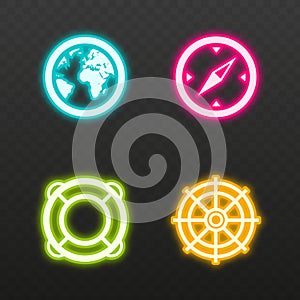 Neon effect line icon set. Earth globe, compass, lifebuoy and rudder symbol. Trend neon design
