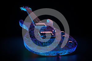 Neon electric guitar in a dark background. Music industry theme. Generative AI