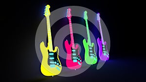 Neon electric guitars isolated, 3d-rendering