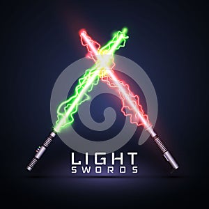 Neon electric light swords. Crossed light sabers isolated on darck background. Vector illustration