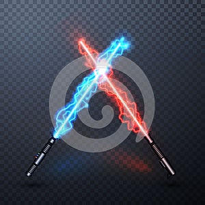 Neon electric light swords. Crossed light sabers isolated on transparent background. Vector illustration