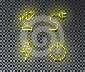 Neon electricity signs vector isolated on brick wall. Light lamp, charge on, lightning bolt light sy