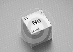 Neon element symbol, from periodic table on white cube on milimeter paper