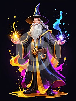 Neon Enchantment Vibrant Wizardry in Cartoon Splash Art with Bold Gold and Black Accents photo