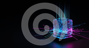 Neon energy cube on a dark digital processor