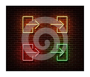 Neon entrance, exit signs vector isolated on brick wall. Direction door light symbol, decoration eff