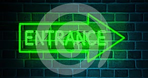 Neon entrance sign above illuminated doorway as welcome to business - 4k