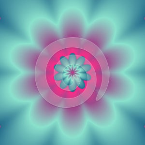 Neon explosion. Digital abstract image with a psychedelic flower design in neon blue, green, and pink.
