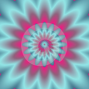 Neon explosion. Digital abstract image with a psychedelic flower design in neon blue, green, and pink.