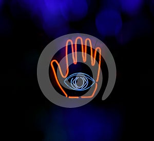 Neon Eye in Hand Neon Composite Image, Psychic Palm Reader