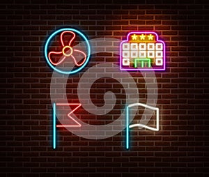 Neon fan, hotel, flags signs vector isolated