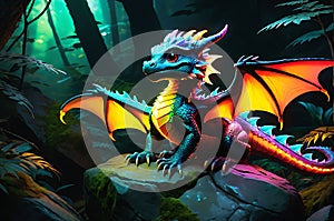 Neon Fantasy: Baby Dragon Perched Atop a Craggy Boulder with Unfurled Wings, Illuminating the Surroundings