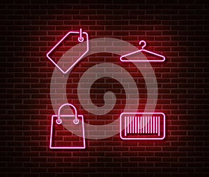 Neon fashion shopping signs vector isolated on brick wall. Discount card, hanging clothes, shopping