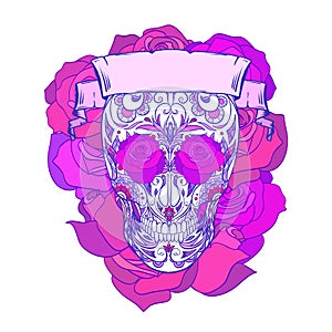 Neon festive sugar skull illustration with doodle patterns, roses and ribbon. The day of the Dead. Los Muertos.