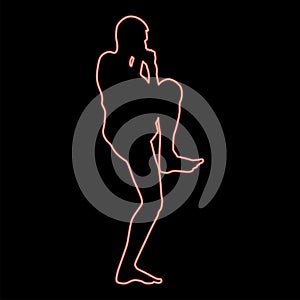 Neon fighter in fighting stancewith raised leg man doing exercises sport action male workout silhouette side view icon black