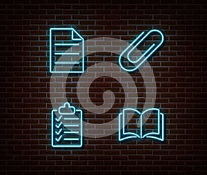 Neon file, checklist, book, note, clip signs vector isolated on brick wall. Neon studying light symb