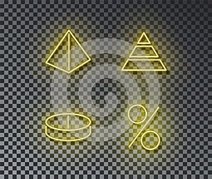 Neon finance pyramid signs vector isolated on brick wall. Pyramid, diagram, percent light symbol, de