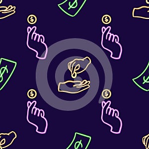 Neon Finance Seamless Pattern, Hand Tossing Coin, Giving and Receiving Money, Dollar Bills. glowing desktop icon, neon