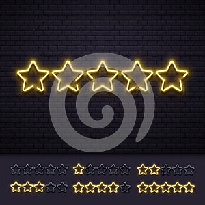 Neon five stars. Golden illuminated star neons lamps on brick wall. Gold light luxury rating sign vector illustration