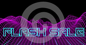 Neon Flash Sale text against retro digital mountains