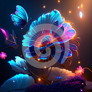 Neon flower with butterfly on a dark background. Vector illustration. Generative AI