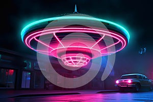 Neon flying saucer. .Ufo in the night