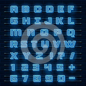 Neon font city. Neon blue font english. City alphabet font. Vector illustration
