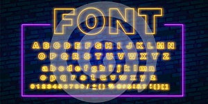 Neon font, 80s text letter glow light set. Ultra violet character abc. UV luminous effect high detailed alphabet for advertising.