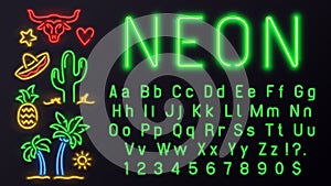 Neon font with signs. Vector alphabet for night