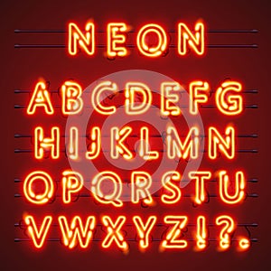 Neon font text. Lamp sign. Alphabet . Vector illustration