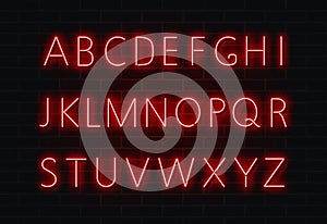 Neon font vector. Light alphabet text sign set. Glowing night font for bar, casino, party. Red wall