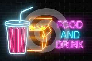 Neon food and drink glowing signboard on a dark brick wall