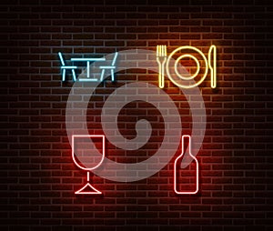 Neon food and drinks signs vector isolated on brick wall. Dinner light symbol, decoration effect. Ne