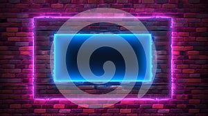 Neon frame on a brick wall background, illustration in purple and blue, quantum punk.