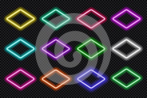 Neon frame rhombus set. Glowing coloful rounded diamond borders. Geometric shape action button UI elements with copy