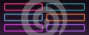 Neon frames, rectangular glowing borders set, colorful futuristic UI design elements.