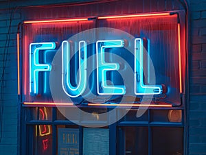 Neon Fuel Sign Illuminating Brick Wall