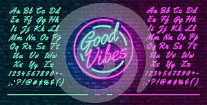 Neon futuristic font, luminous blue and pink uppercase and lowercase letters, colorful bright neon hand drawn typeface, glowing photo