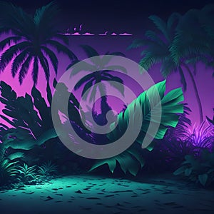 Neon Futuristic Modern Fresh Summer Night Club Beach Sand And Ocean Tropical Palm Plant Podium Stage Dance Party Lights