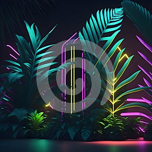 Neon Futuristic Modern Fresh Summer Night Club Mood Tropical Palm Plant Podium Stage Dance Party Lights Generative Ai Illustration