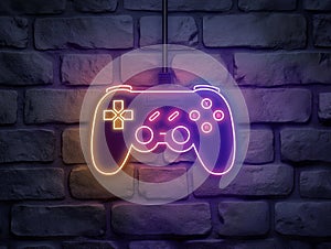 Neon Game Controller on Brick Wall