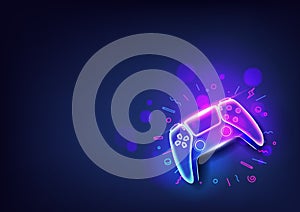 Neon game controller or joystick for game console on blue background.