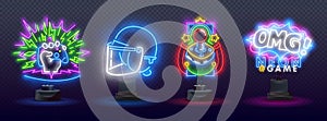 Neon game signs. Retro video games night light icons. Gamer. Game console logo, label and emblem. Neon sign, isolated sticker,