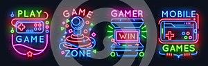 Neon game signs. Retro video games night light icons, gaming club emblems, arcade glowing posters. Vector game photo