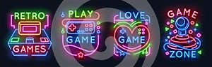 Neon game signs. Retro video games zone, player room glowing emblems, night light labels. Vector glowing gamer icons