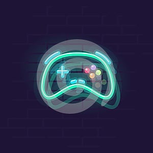 Neon gamepad. Night illuminated wall street sign. Isolated geometric style illustration on brick wall background.