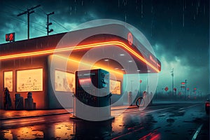 Neon gas starion in the night. Neon cyberpunk or travel concept with dark gas station shop. Generative AI.